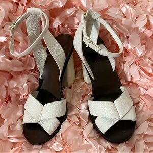 MERCEDES CASTILLO White Leather Chunky Heel Ankle Strap Sandals Size 7